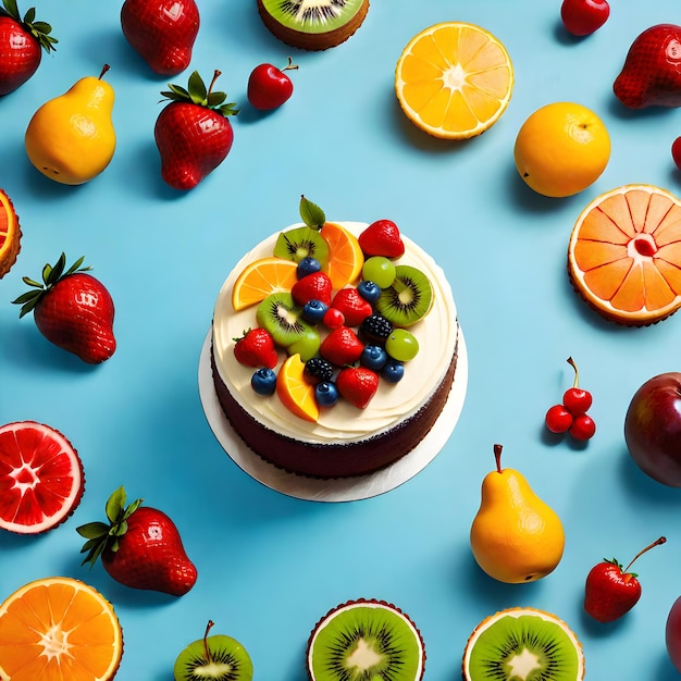 Fruit Cake On Blue Background Flat Lay Top View