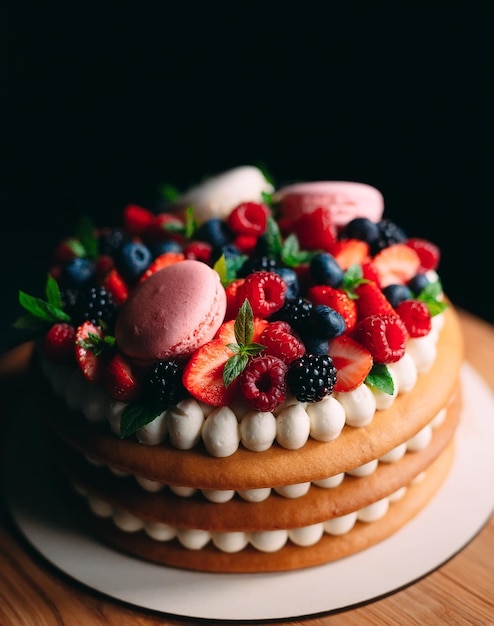 Foto torta alla frutta. torta decorata con frutti di bosco su supporto di legno su sfondo nero.