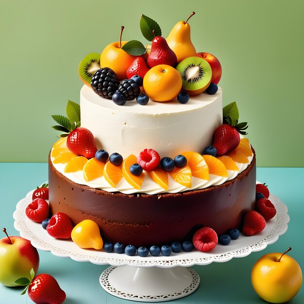 Фото Фруктовый торт с сливками и ягодами на сине-зеленом фоне