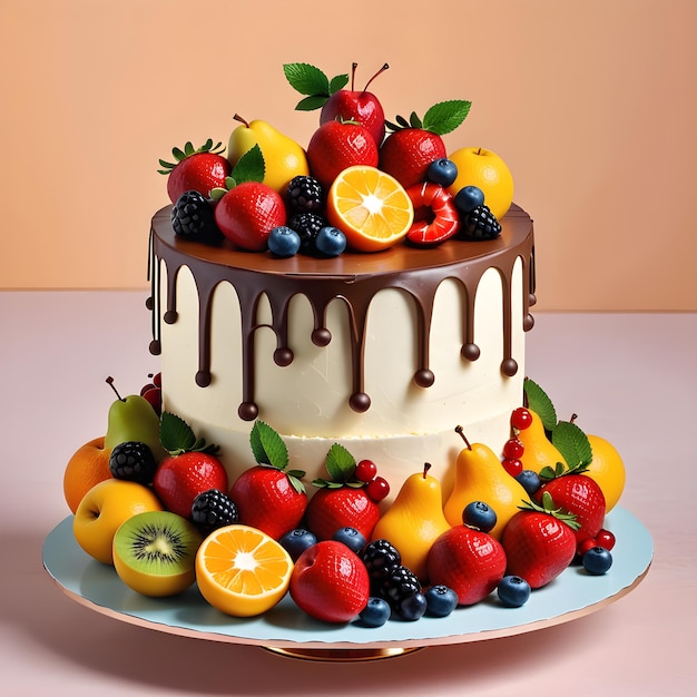 Photo fruit cake with cream and chocolate on a pastel background