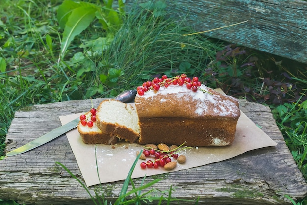Fruit cake with red currant and almond in the garden
