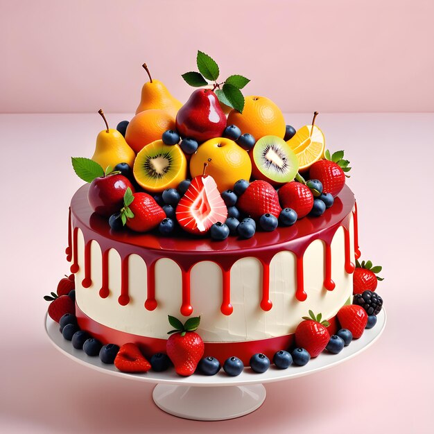 Fruit Cake With Strawberries Blueberries Pears Kiwi Pears And Oranges