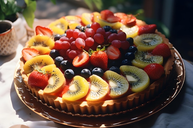 Fruit cake with strawberries kiwi blueberries and grapes