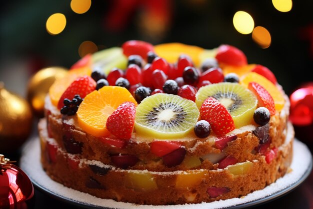 Foto una torta di frutta con una varietà di frutta in cima