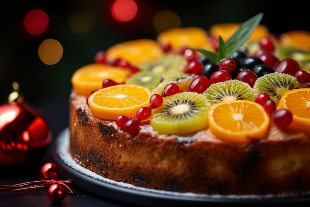 a fruit cake with a variety of fruits on top