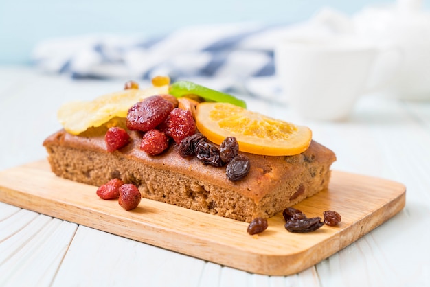 fruit cake on wood