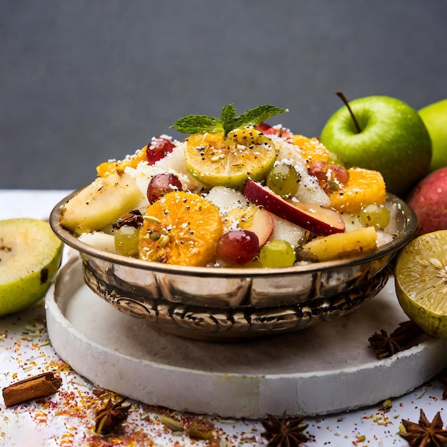 Photo fruit chaat is a tangy indian dish made by combining chilled juicy fruits like apples bananas oranges grapes with salt and mild spices