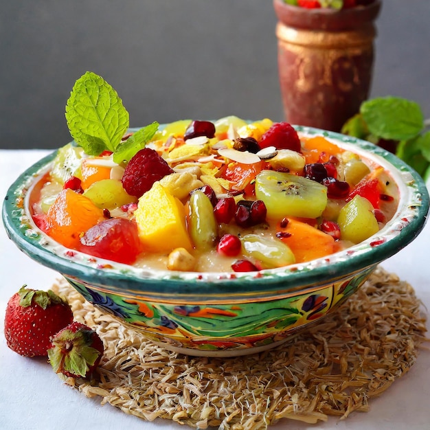 Photo fruit chaat is a tangy indian dish made by combining chilled juicy fruits like apples bananas oranges grapes with salt and mild spices
