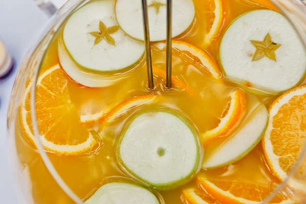 Fruit cocktail made from orange and citrus fruits. View from above