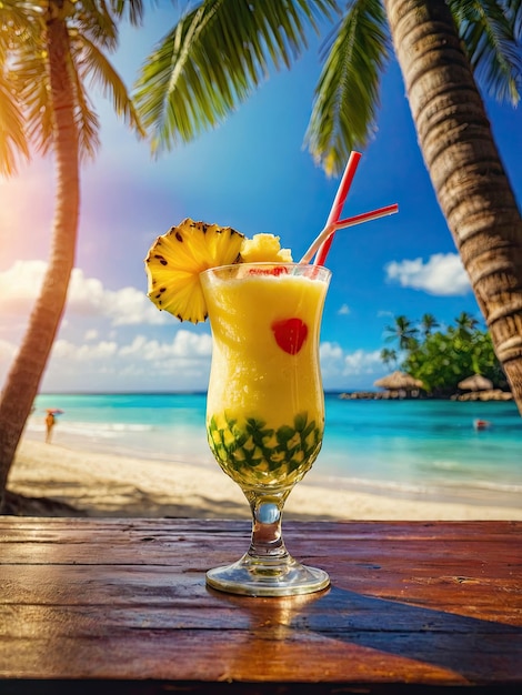 Fruit cocktail Pina colada shake op een tropisch strand tegen de achtergrond van de hotels zwembad met accessoires zonnebril hoed stro ananas AI gegenereerd