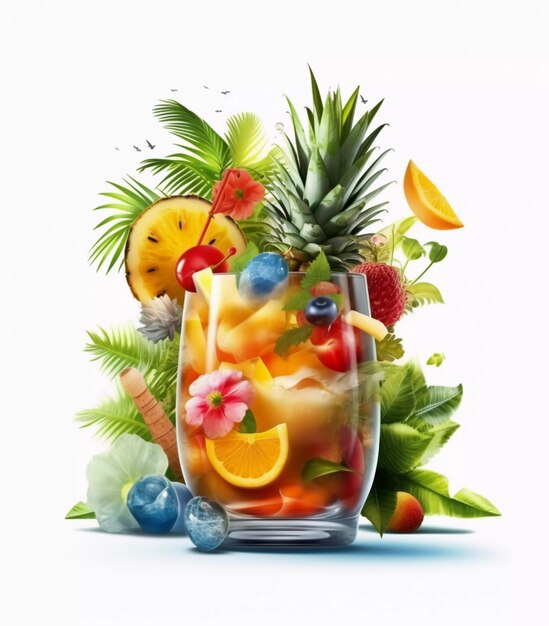 A fruit cocktail with a colorful background and the word fruit on it generative ai