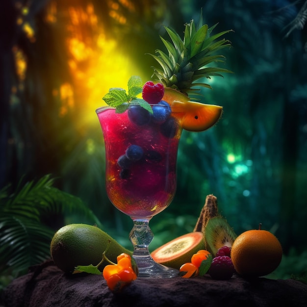 A fruit cocktail with a pineapple and a glass of liquid.