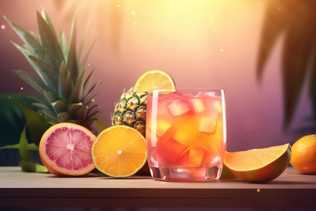 A fruit cocktail with pineapples and oranges on a purple background
