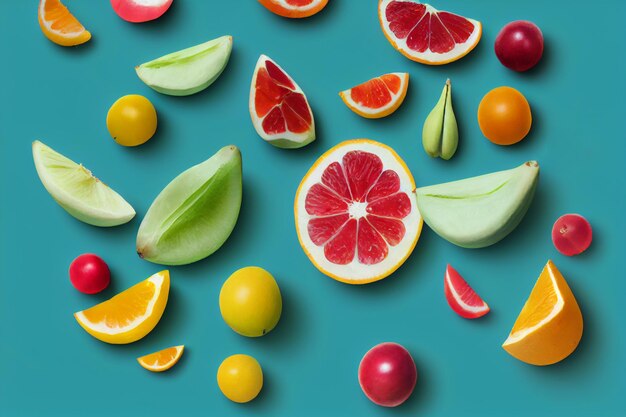 Fruit composition on beige background Fruit lying on the surface