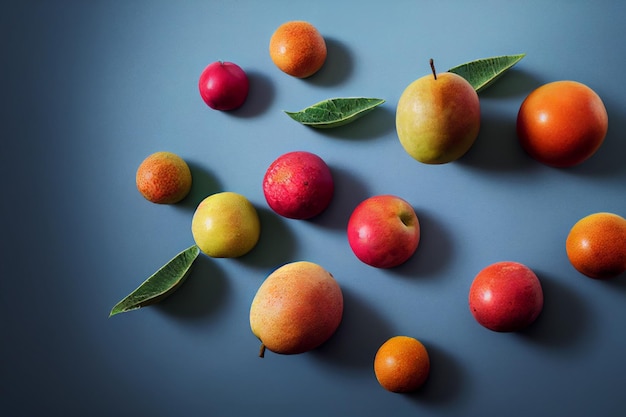 Fruit composition on blue background Apples with leaves lying on the surface