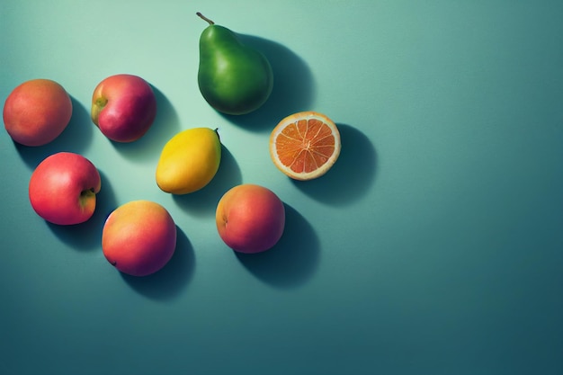 Fruit composition on blue background Sliced oranges pears apples lying on the surface