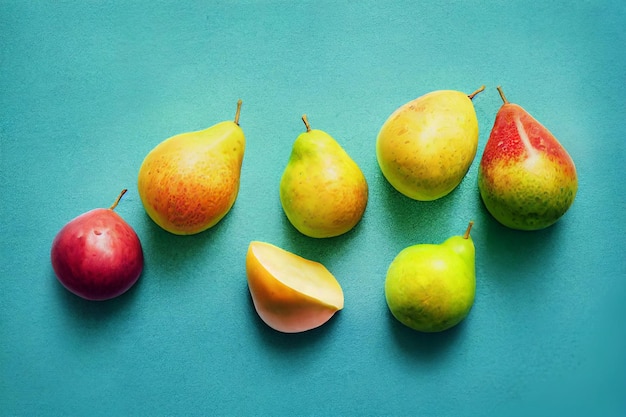 Fruit composition on blue background Sliced pears lying on the surface