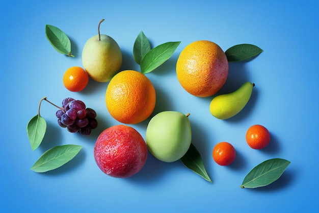 Фруктовая композиция синего цвета Нарезанные апельсины груши яблоки виноград мандарины лежат на поверхности