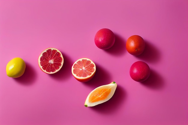 Fruit composition on pink background Sliced grapefruit tangerines lying on surface