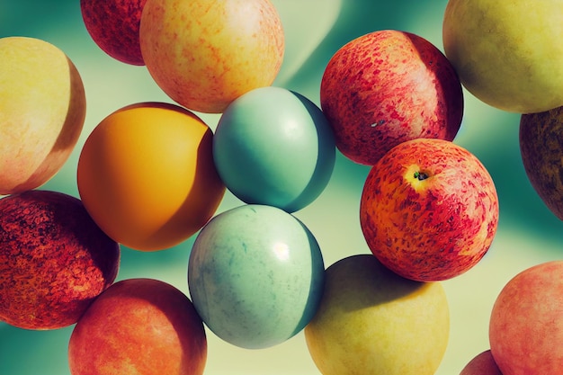 Fruit composition in the sky Soaring oranges pears apples flying in the air