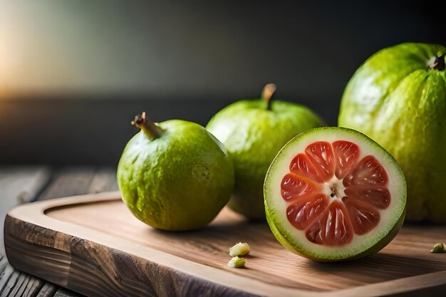 A fruit cut in half sits on a cutting board.