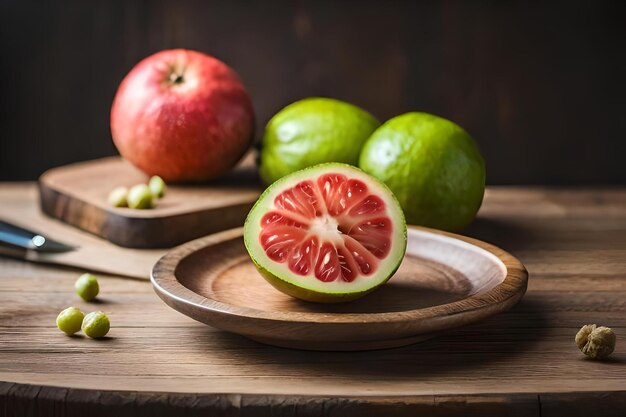 A fruit cut in half sits on a wooden plate with the word melon on it.