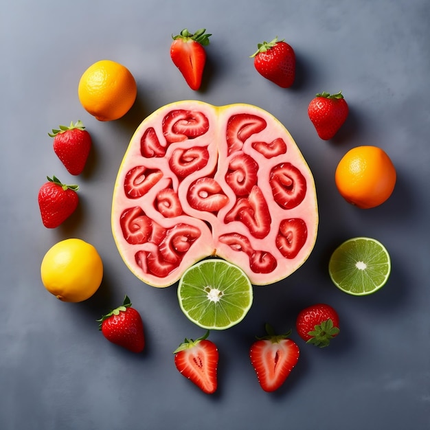 A fruit cut in half with the word fruit on it