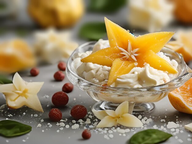 Fruit dessert Dessert with cream and exotic fruits Selective focus AI generated
