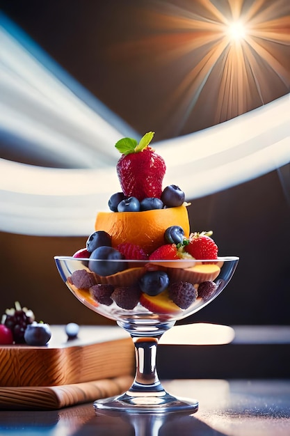 A fruit dessert with a glass of ice cream on top