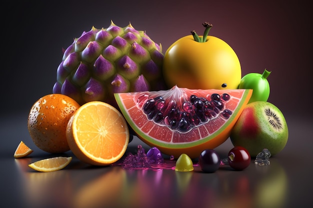 A fruit display with a purple background