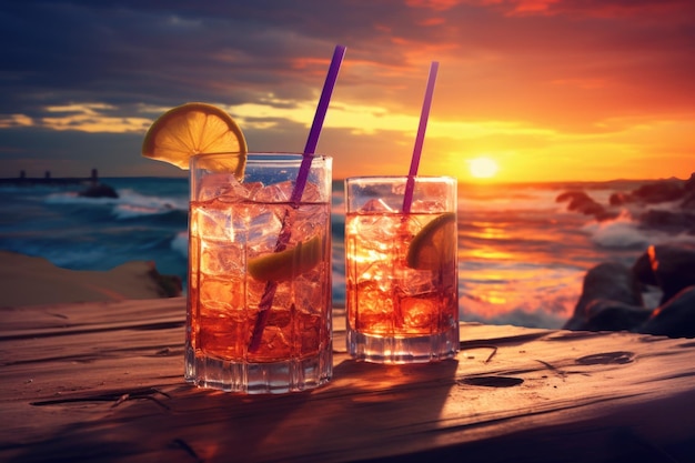 Fruit drink on the background of the sea