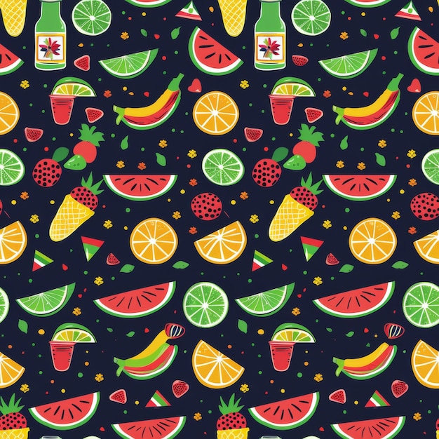 Fruit and Drinks Pattern on Black Background