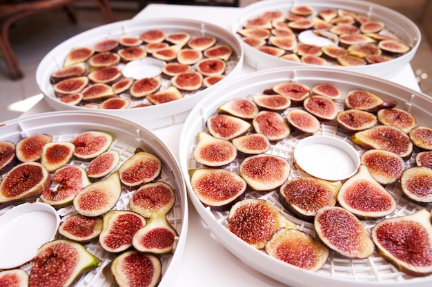 Fruit drying process on dehydrator on table