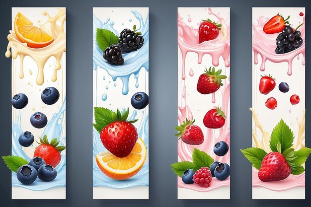 Fruit en bessen in melk spat vector banners