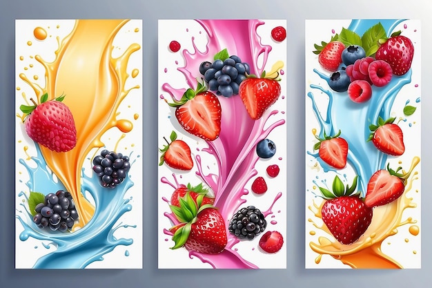 Fruit en bessen in melk spat vector banners