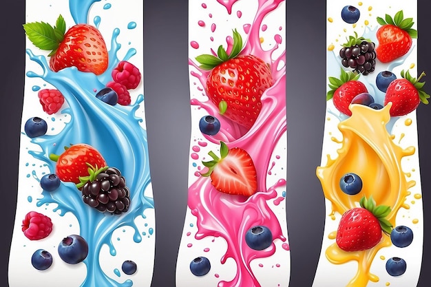 Fruit en bessen in melk spat vector banners