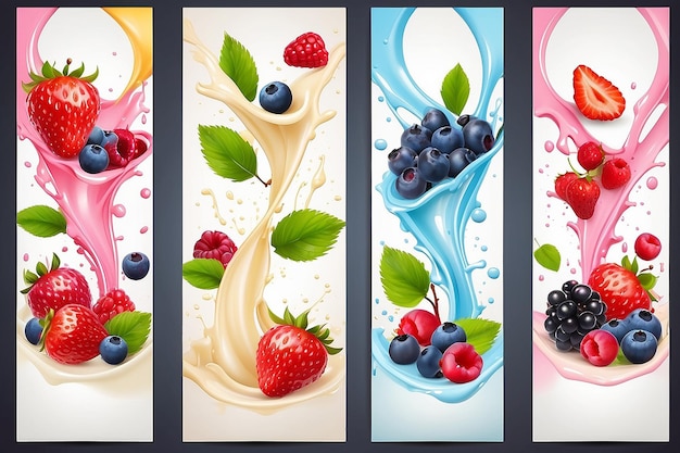 Fruit en bessen in melk spat vector banners