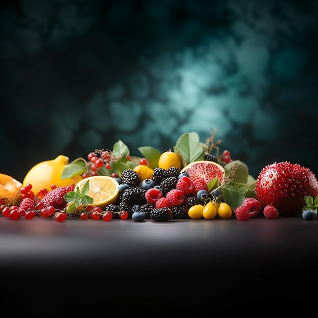 Fruit- en bessenindeling op een donkere tafel met vrije ruimte voor tekstinformatie, een banner voor websites Gegenereerd met AI