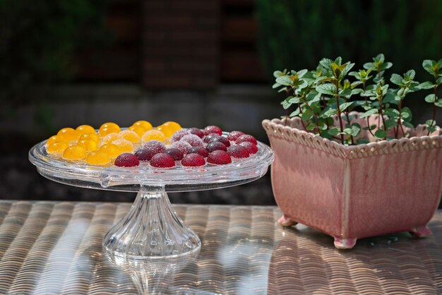 Fruit- en bessenmarmeladesnoepjes, geleisnoepjes op een transparante glazen gebakstandaard met munt in een pot.