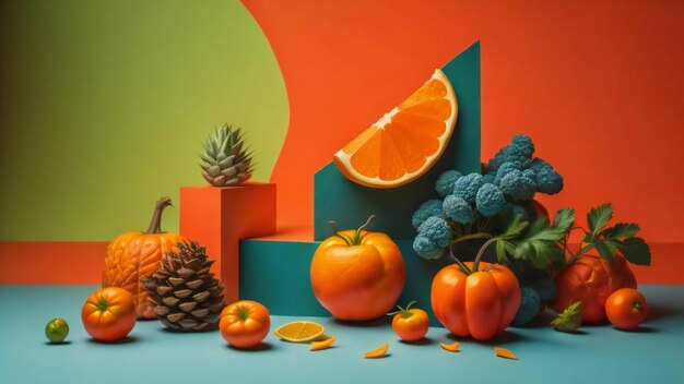 Fruit- en groentecompositie op blauwe en oranje achtergrond Minimaal voedingsconcept generatief ai