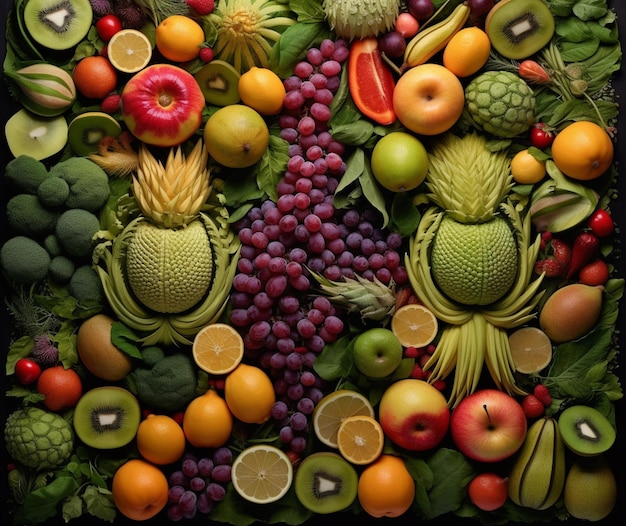 Fruit en groenten gerangschikt in decoratief patroon