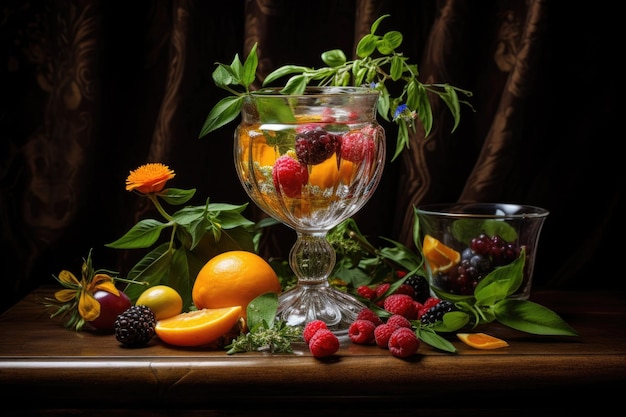 Fruit en kruiden worden in een glas gemengd voor een cocktail