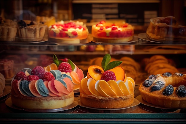 Foto fruit- en slagroomgebak in de winkel voor het ontbijt