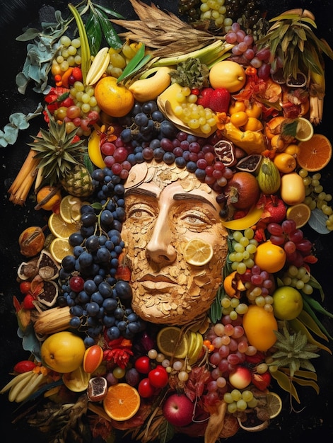 A fruit face made by person is displayed in a portrait.
