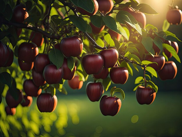 リンゴの木のある果樹園のクローズアップAI生成