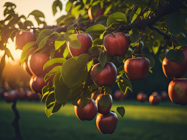 Fruit farm with apple trees close up ai generative