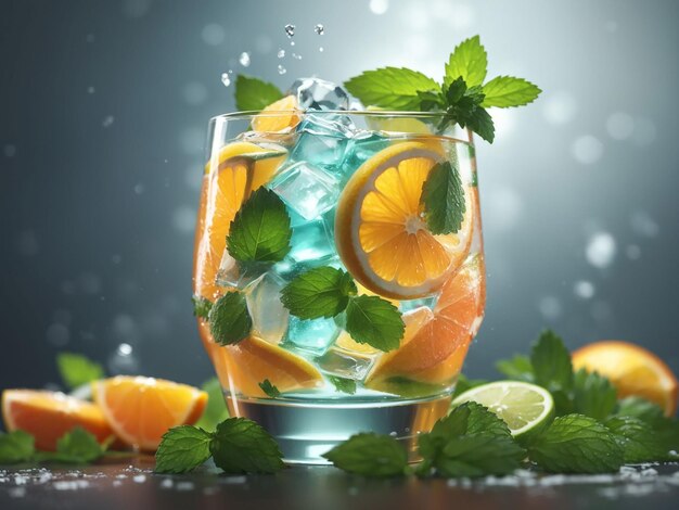 Fruit filled cocktail with citrus mint and ice generative ai