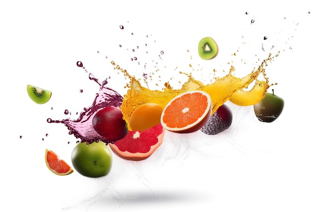 Fruit flying in the air splashing water AI technology generated image