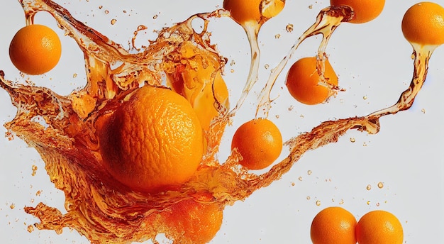 白い背景にオレンジ色のスプラッシュから別の方向に飛んでいる果物