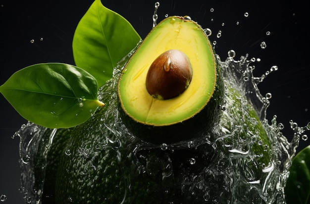 Photo fruit food green isolated fresh avocado and green leaves splashing water